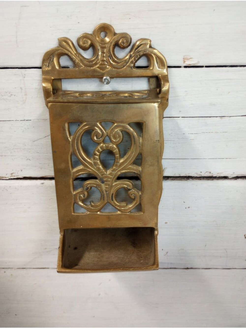 Ornate Brass Matchbox Holder Wall Mount Heavy w/Lid Flap Vintage